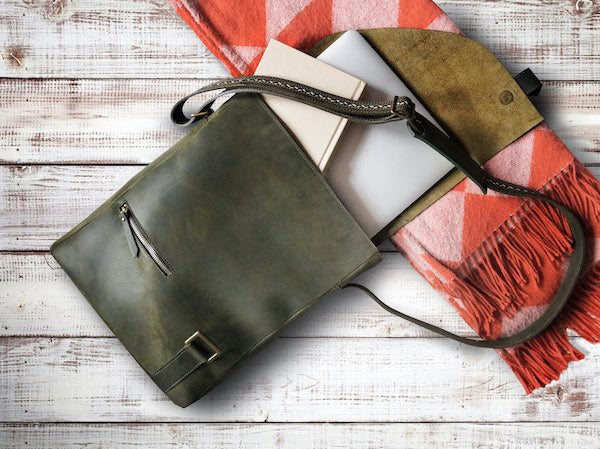 green leather laptop bag